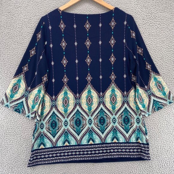 Chicos Top Womens 2 US Large Navy Multi Batik Print Tunic 3/4 Sleeves Stretch - Picture 11 of 11